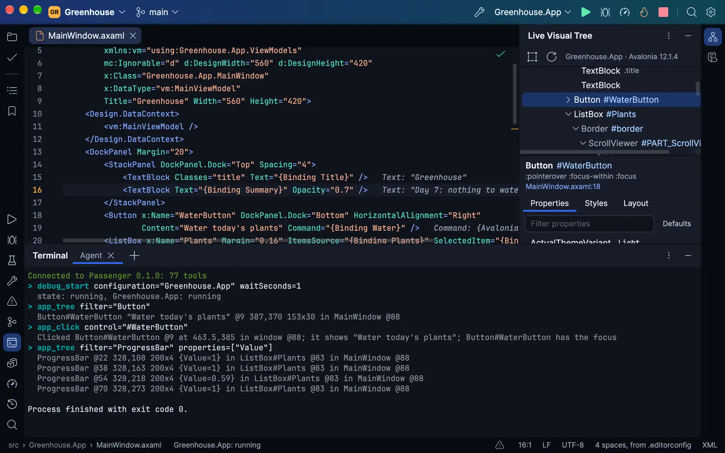 An agent in Passenger's terminal driving the Avalonia app being built over MCP: it starts the app under the debugger, finds its Water button, clicks it and reads the plants' moisture back, while the Live Visual Tree shows the button it clicked, now focused