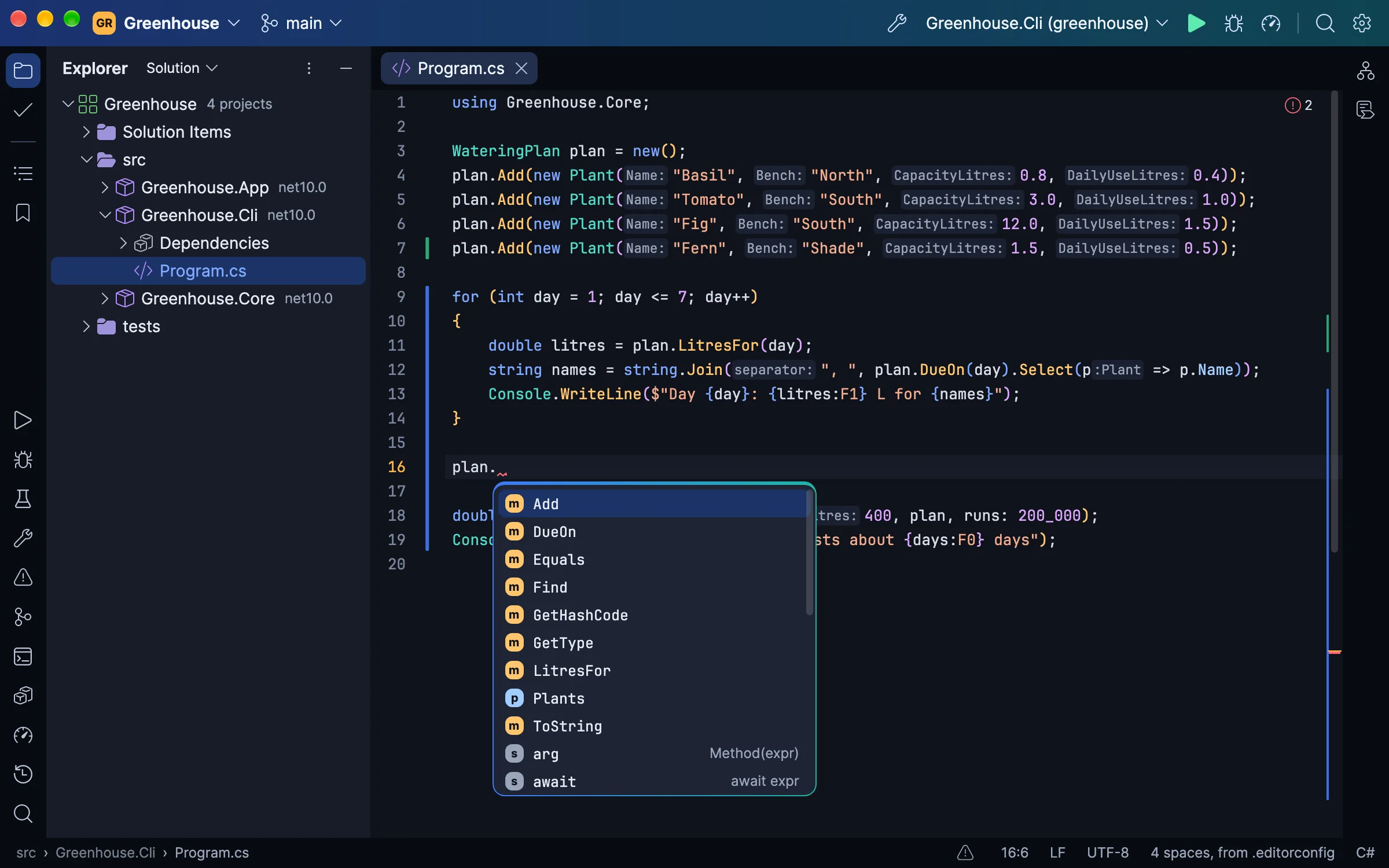 Passenger's editor: a C# file with completion open after a dot, inlay hints, and the change bars of uncommitted lines