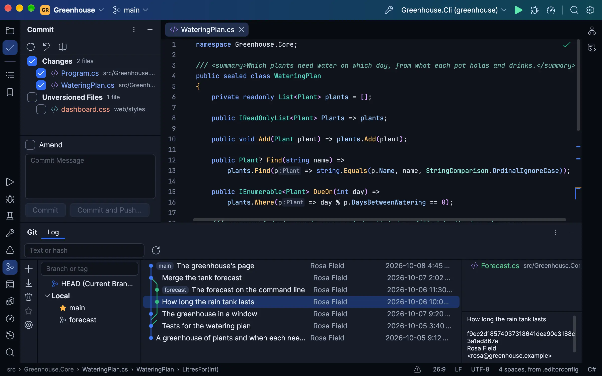 The Git window's log with its branch graph and a commit's details