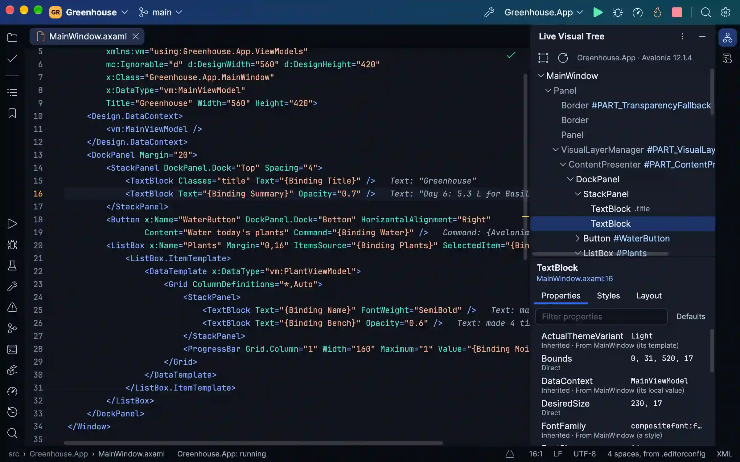 Debugging an Avalonia app: the Live Visual Tree with an element's details, and binding values after the XAML's lines