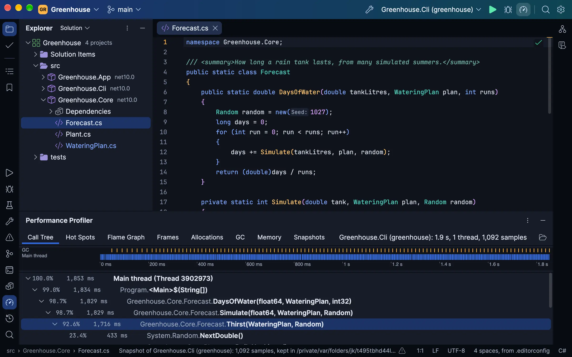 A profile of a run: its timeline above the call tree