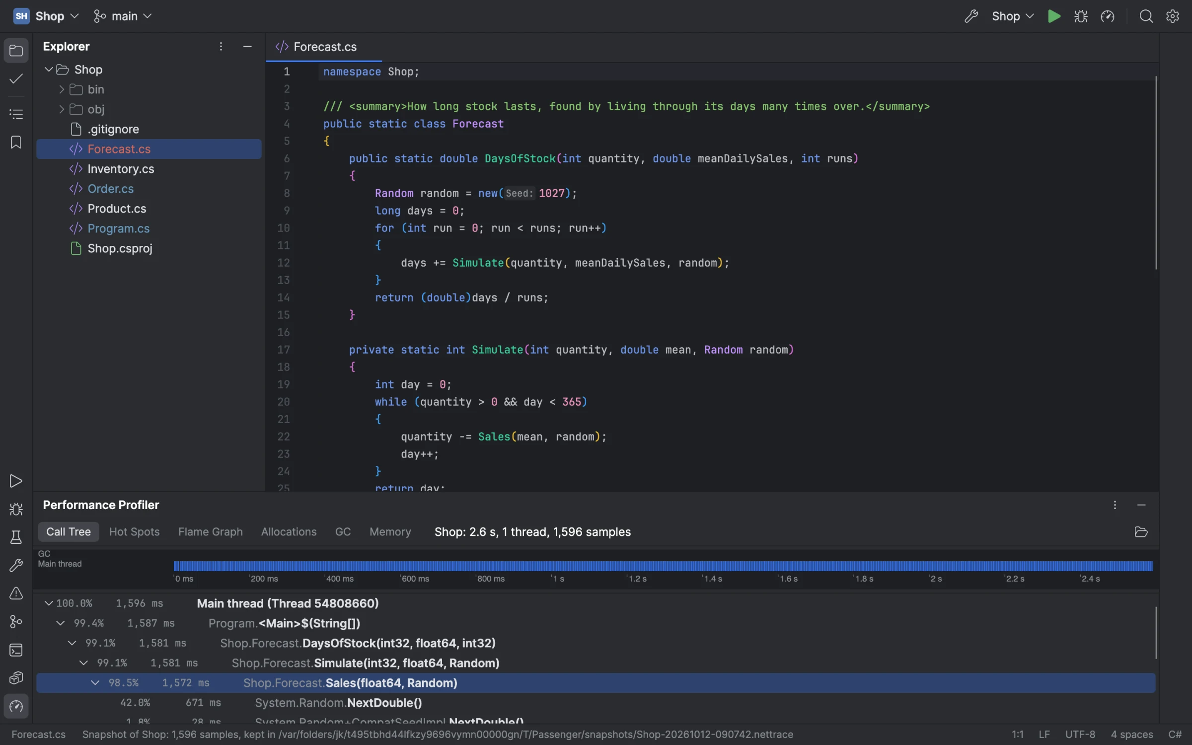 A profile of a sample program: the timeline above the call tree, its hot path opened