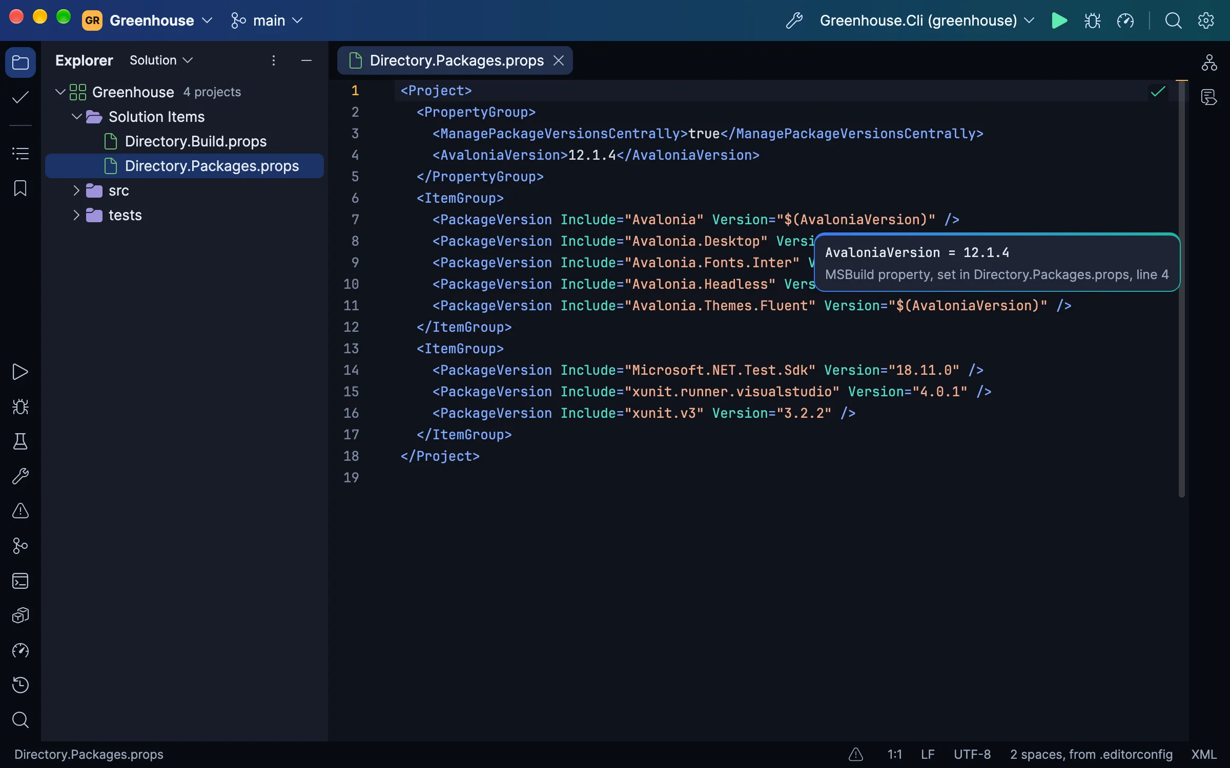 A project file with MSBuild help: a property's evaluated value and where it is set
