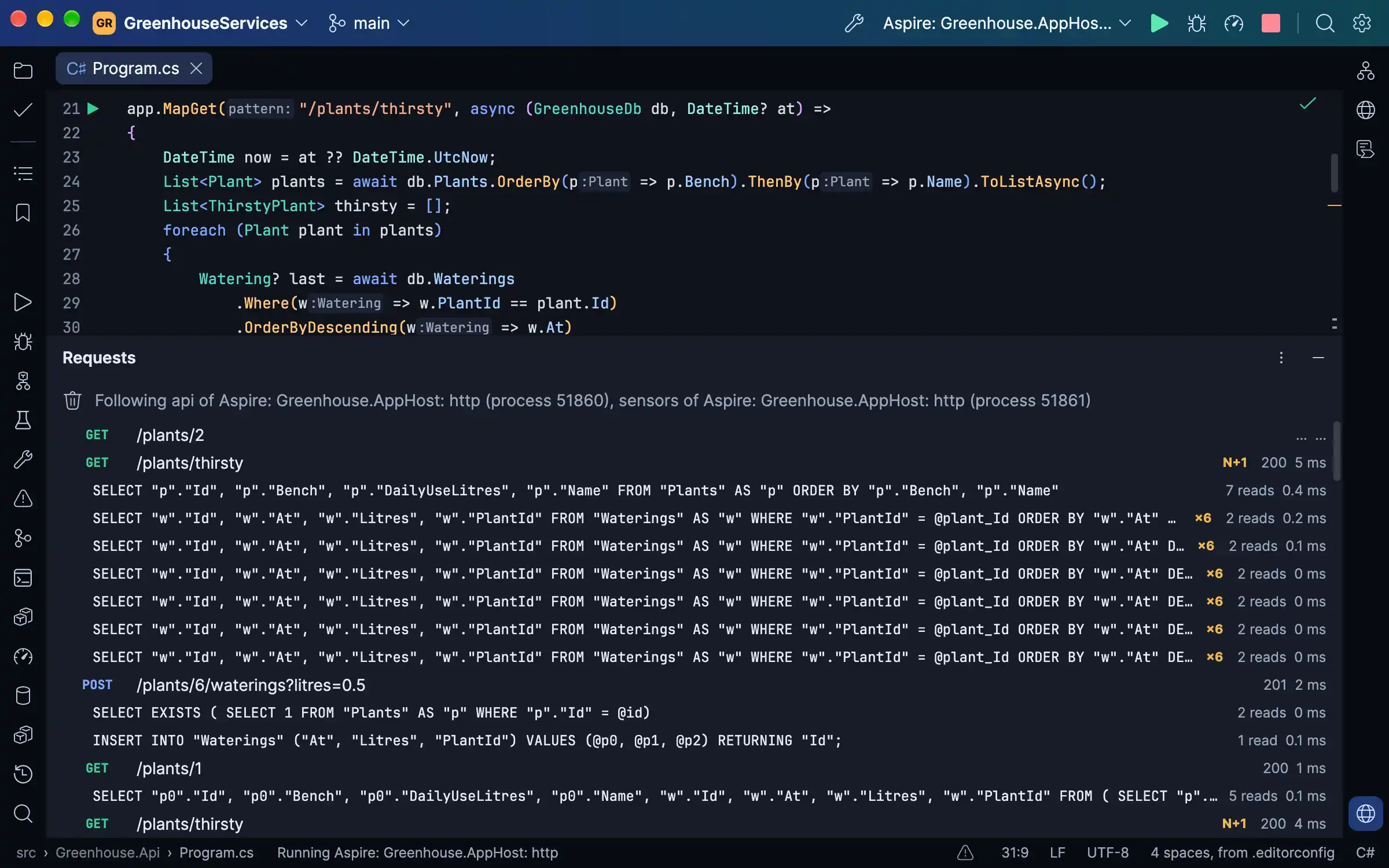 Passenger's Requests window following an Aspire app's ASP.NET Core API as it runs, under the minimal API handler that loops over the plants: each GET /plants/thirsty request marked N+1, its repeated SQL query marked ×6 with its reads and times