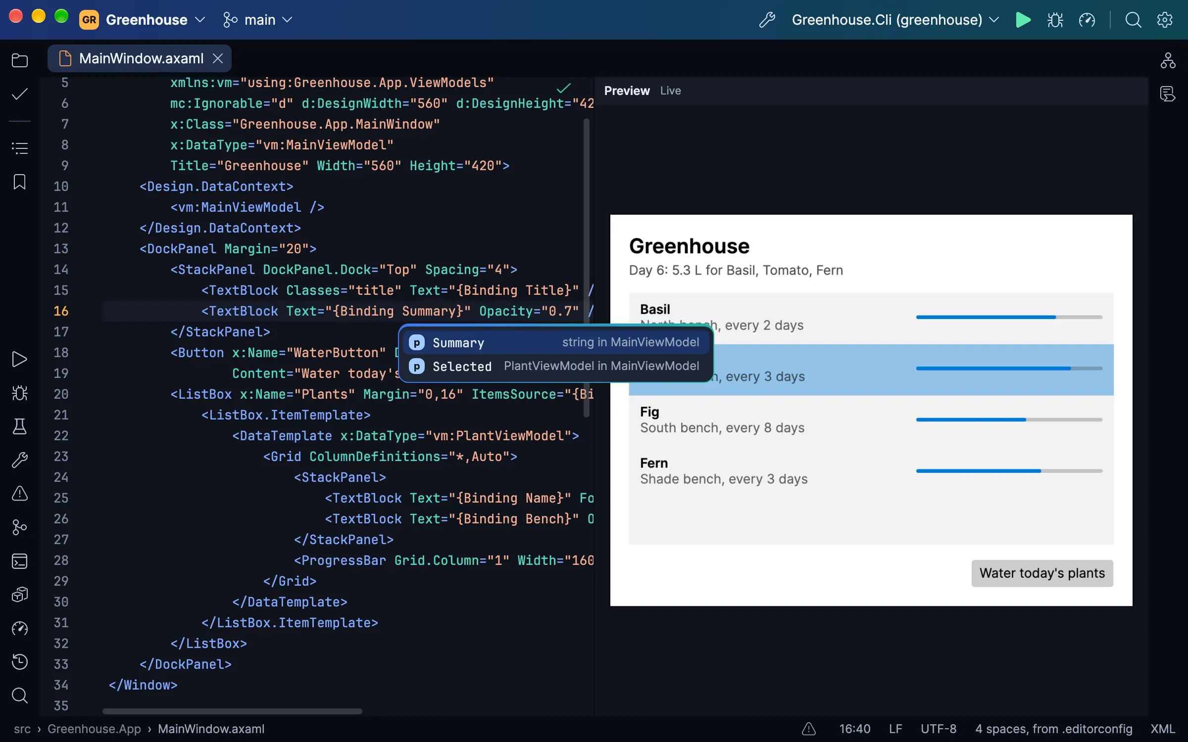 An Avalonia .axaml file with XAML completion open, and XAML Preview drawing it beside the editor